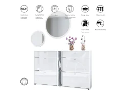 Conjunto de guardarropa Florence con zapatero y 2 espejos de pared, Hecho en ALEMANIA, blanco mate/gris de alto brillo