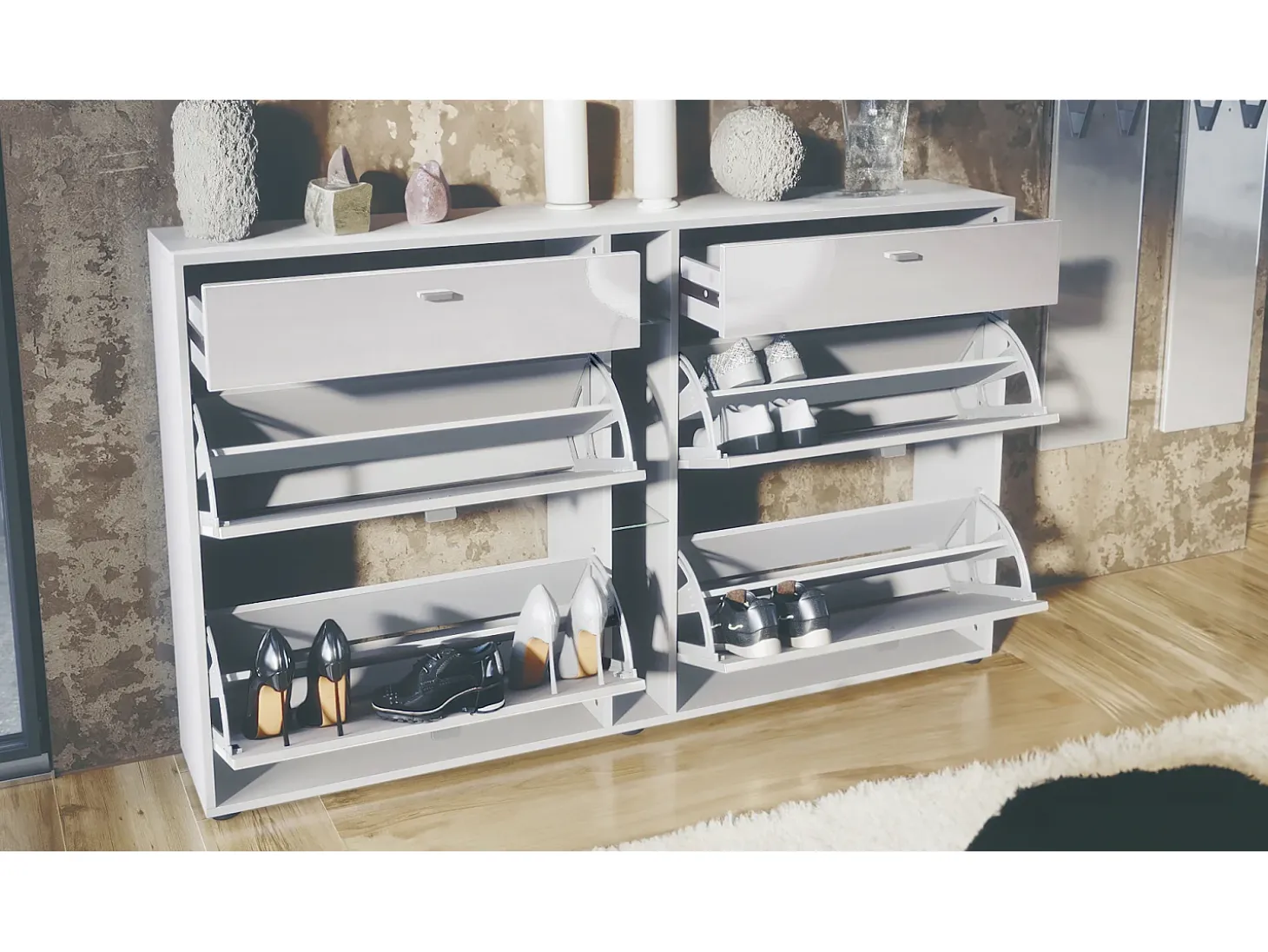 Conjunto de guardarropa Florence con zapatero y 2 espejos de pared, Hecho en ALEMANIA, blanco mate/gris de alto brillo