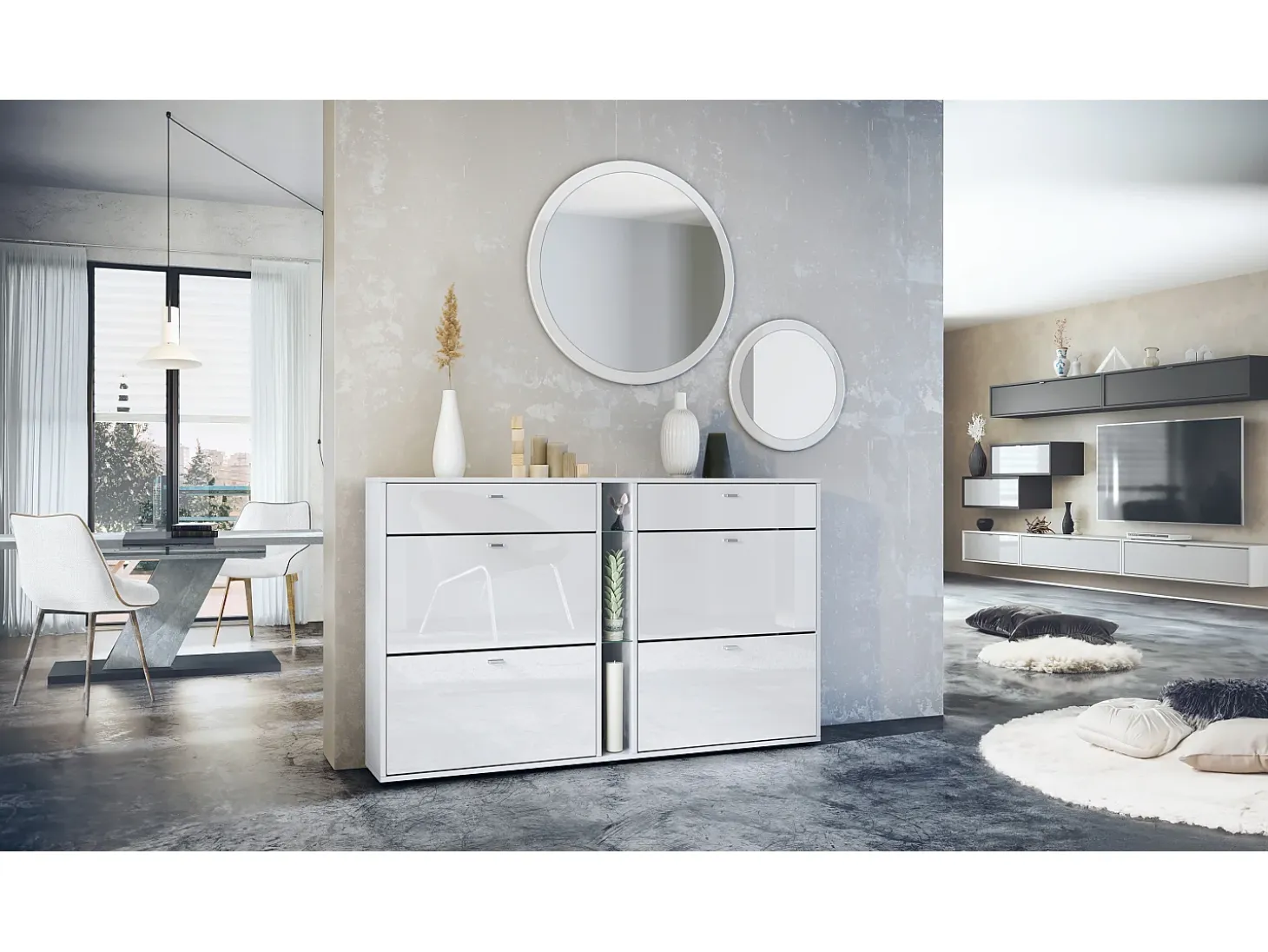 Conjunto de guardarropa Florence con zapatero y 2 espejos de pared, Hecho en ALEMANIA, blanco mate/blanco de alto brillo