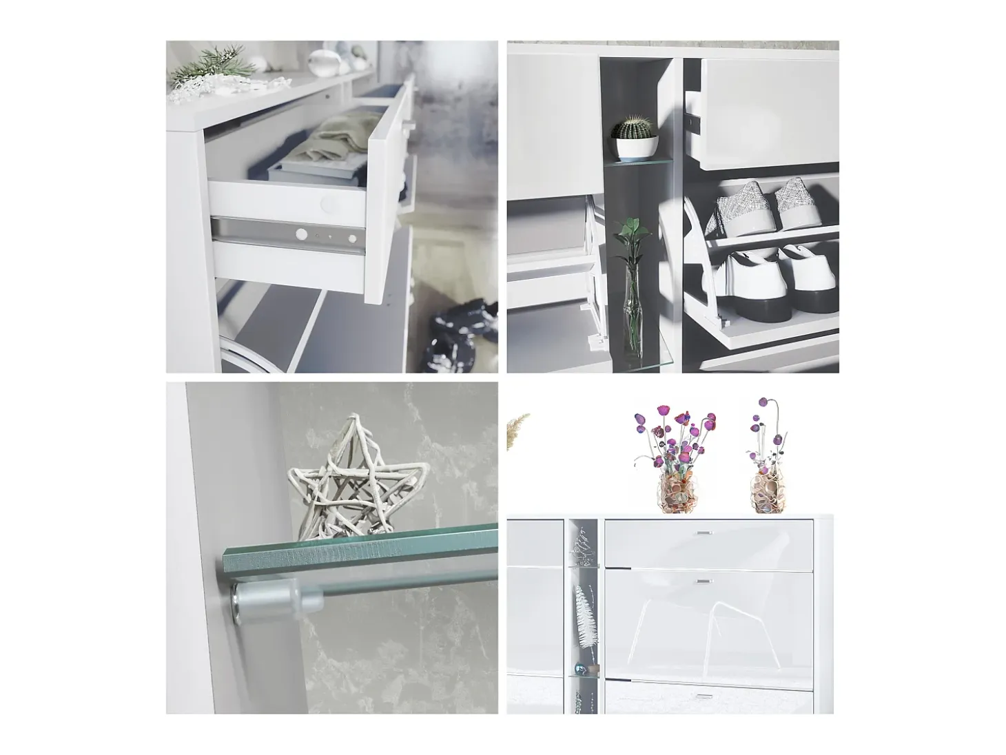 Conjunto de guardarropa Florence con zapatero y 2 espejos de pared, Hecho en ALEMANIA, blanco mate/blanco de alto brillo