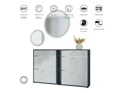 Conjunto de guardarropa Florence con zapatero y 2 espejos de pared, Hecho en ALEMANIA, negro mate/blanco de alto brillo