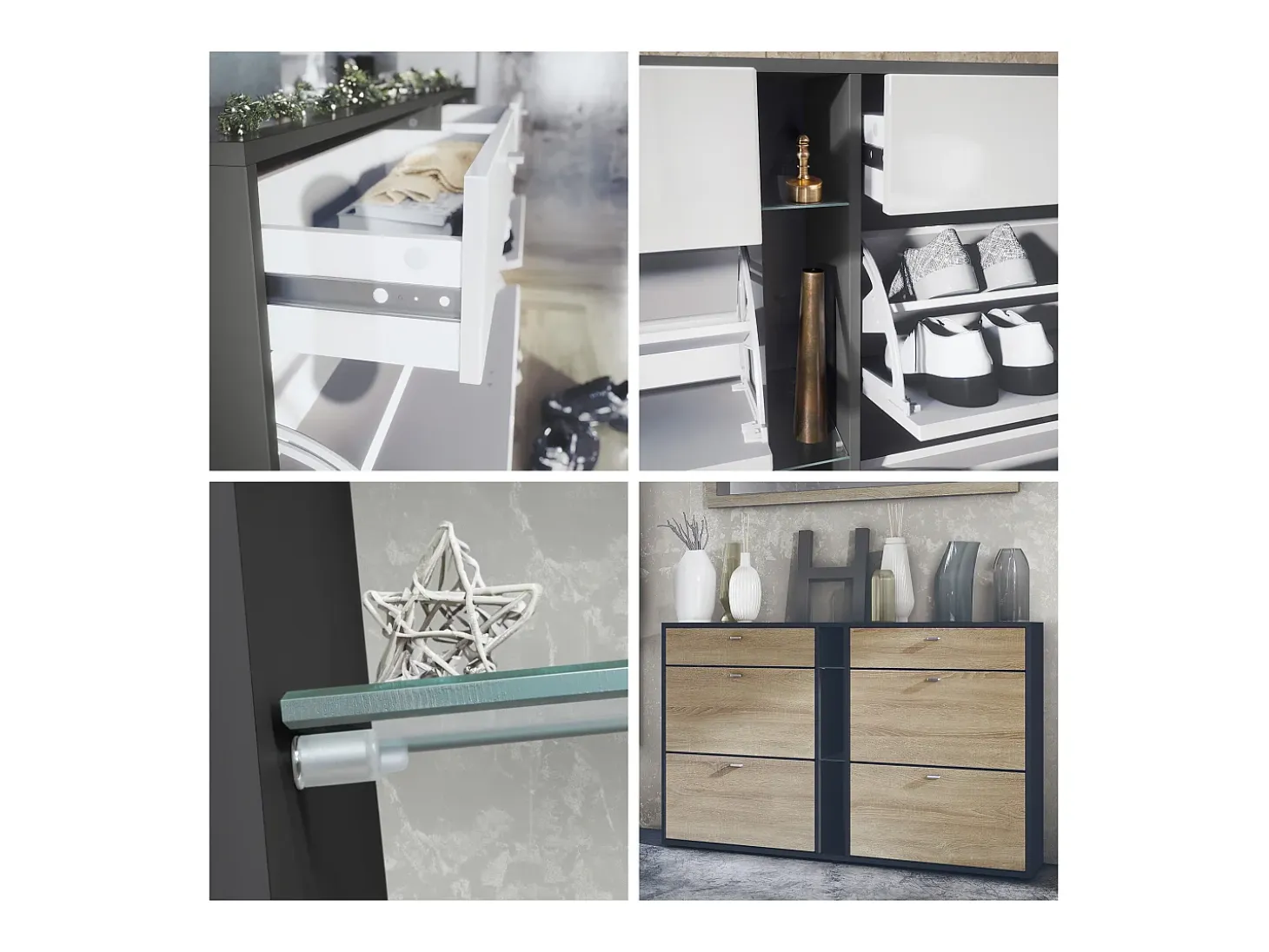 Conjunto de guardarropa Florence con zapatero y 2 espejos de pared, Hecho en ALEMANIA, negro mate/blanco de alto brillo