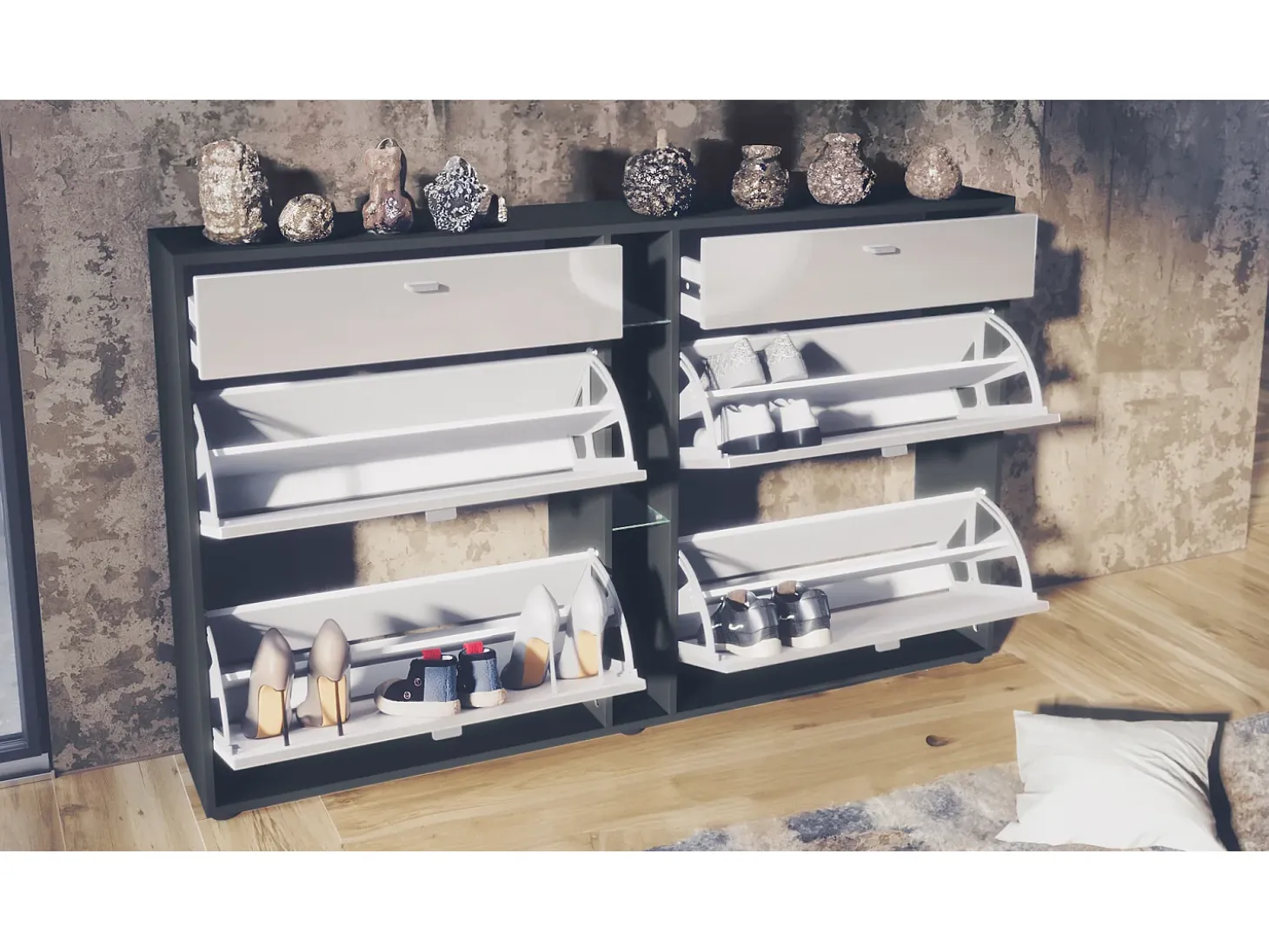 Conjunto de guardarropa Florence con zapatero y 2 espejos de pared, Hecho en ALEMANIA, negro mate/blanco de alto brillo