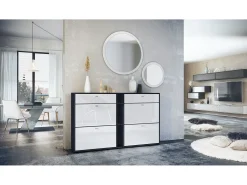 Conjunto de guardarropa Florence con zapatero y 2 espejos de pared, Hecho en ALEMANIA, negro mate/blanco de alto brillo