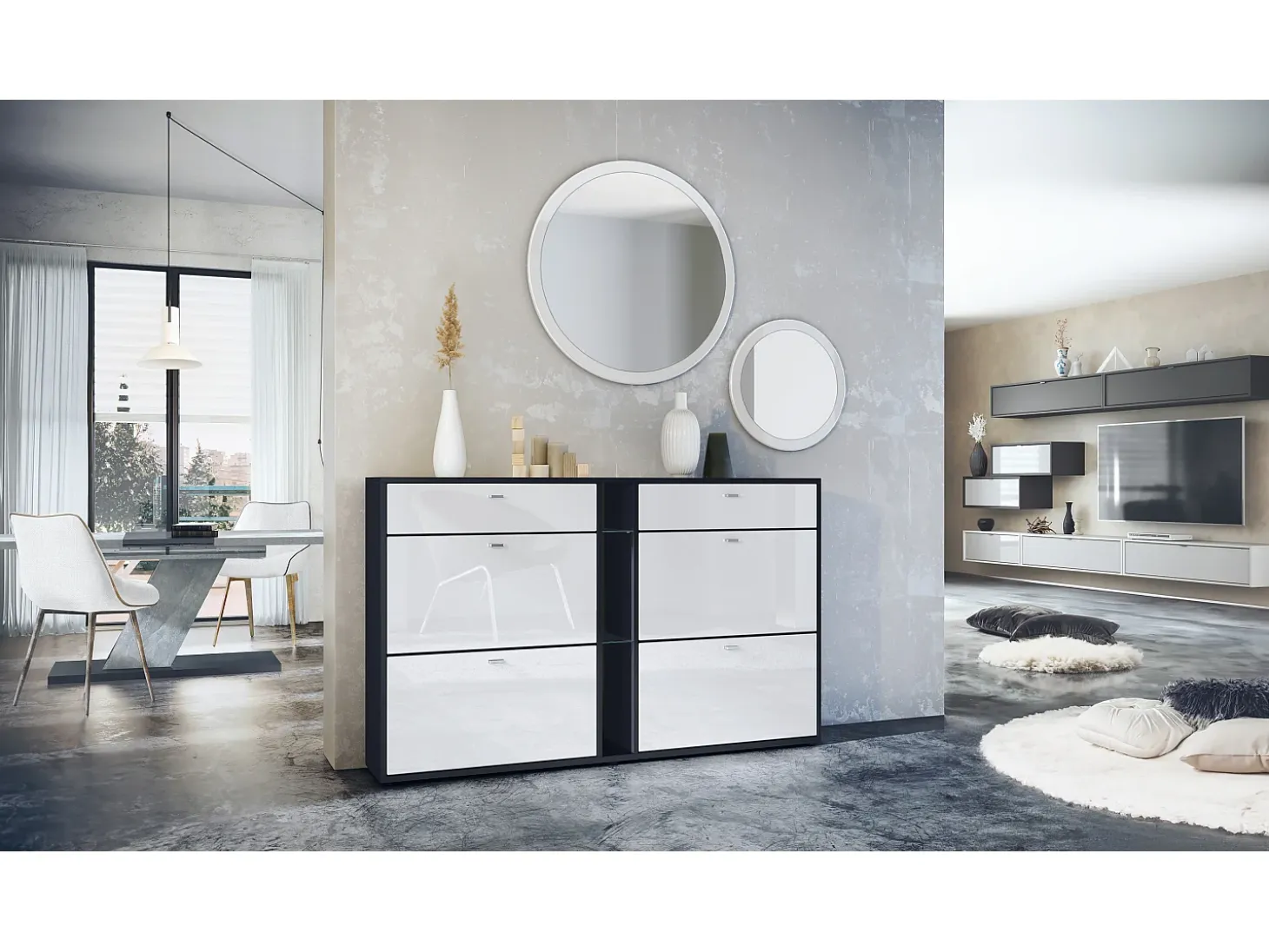 Conjunto de guardarropa Florence con zapatero y 2 espejos de pared, Hecho en ALEMANIA, negro mate/blanco de alto brillo