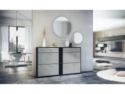 Conjunto de guardarropa Florence con zapatero y 2 espejos de pared, Hecho en ALEMANIA, negro mate/hormigón oxidado