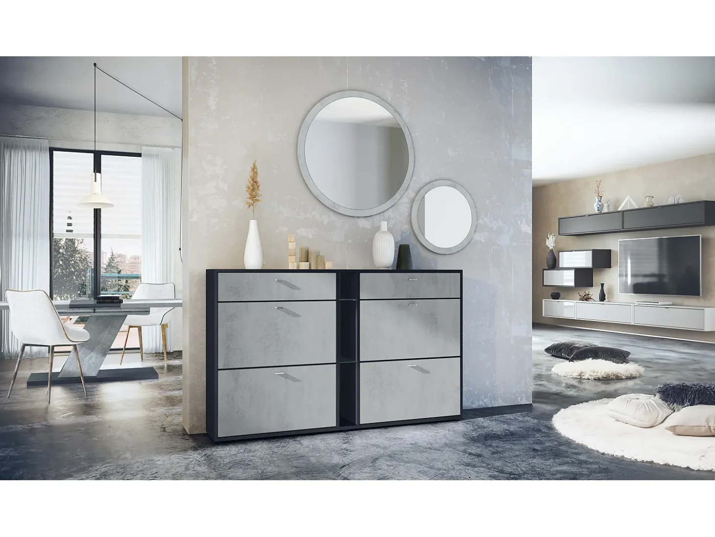Conjunto de guardarropa Florence con zapatero y 2 espejos de pared, Hecho en ALEMANIA, negro mate/hormigón oxidado