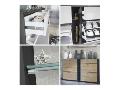 Conjunto de guardarropa Florence con zapatero y 2 espejos de pared, Hecho en ALEMANIA, negro mate/hormigón oxidado