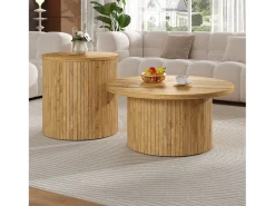 Conjunto de mesa de centro - Tablero redondo - Diseño de rayas verticales - MDF - Natural