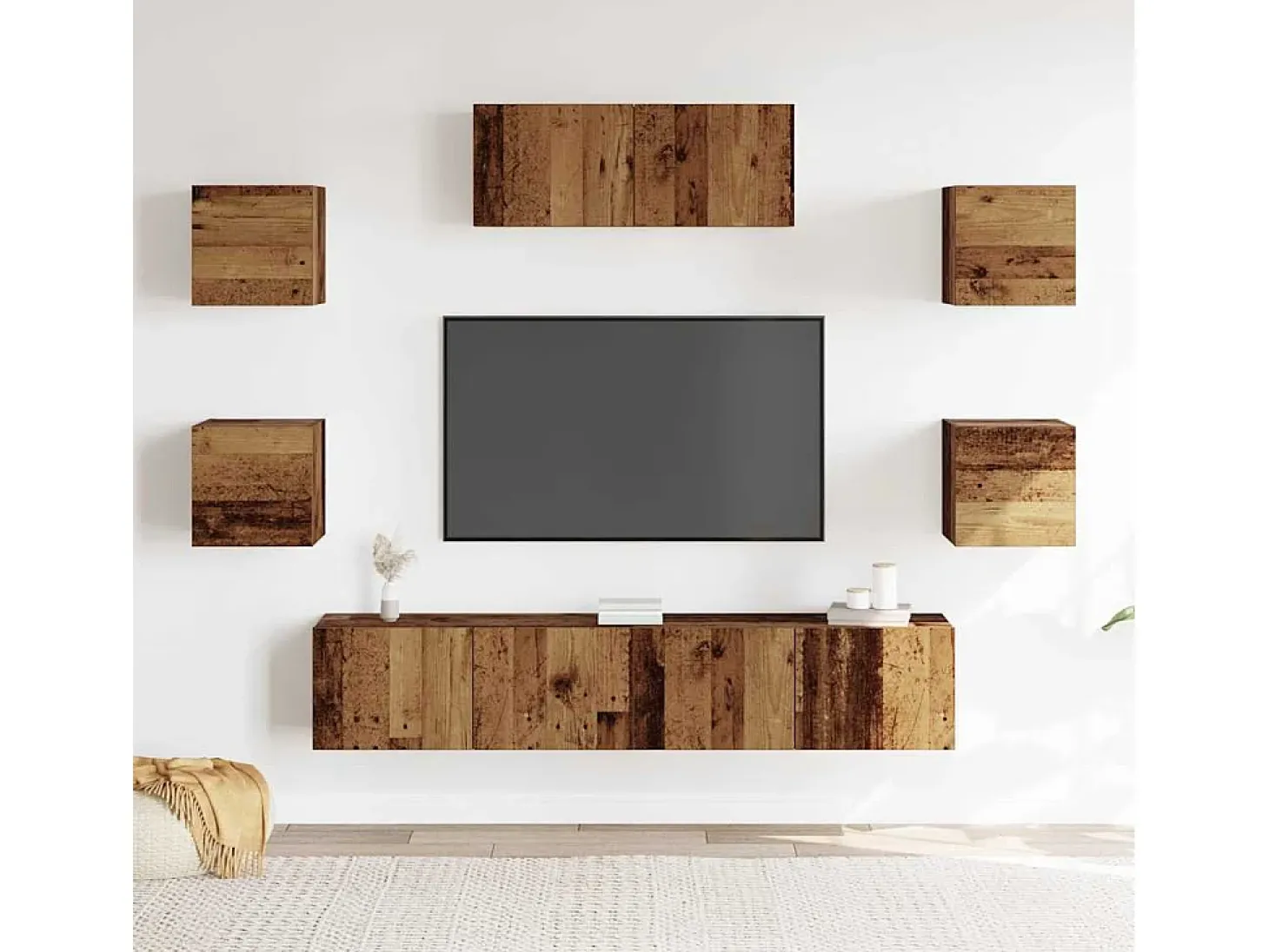 Conjunto de mueble de TV de pared de 5 piezas, madera vieja