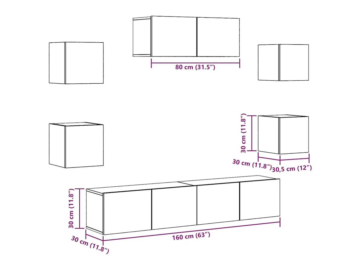 Conjunto de mueble de TV de pared de 5 piezas, madera vieja