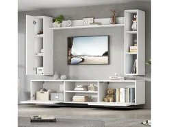 Conjunto de mueble de TV 4 piezas - mueble de TV + 2 muebles de pared + estante de pared - 1 puerta y 2 puertas abatibles - blanco