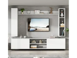 Conjunto de mueble de TV 4 piezas - mueble de TV + 2 muebles de pared + estante de pared - 1 puerta y 2 puertas abatibles - blanco
