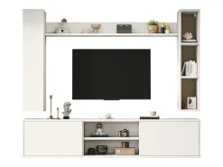 Conjunto de mueble de TV 4 piezas - mueble de TV + 2 muebles de pared + estante de pared - 1 puerta y 2 puertas abatibles - blanco