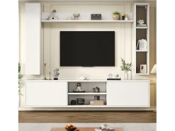 Conjunto de mueble de TV 4 piezas - mueble de TV + 2 muebles de pared + estante de pared - 1 puerta y 2 puertas abatibles - blanco
