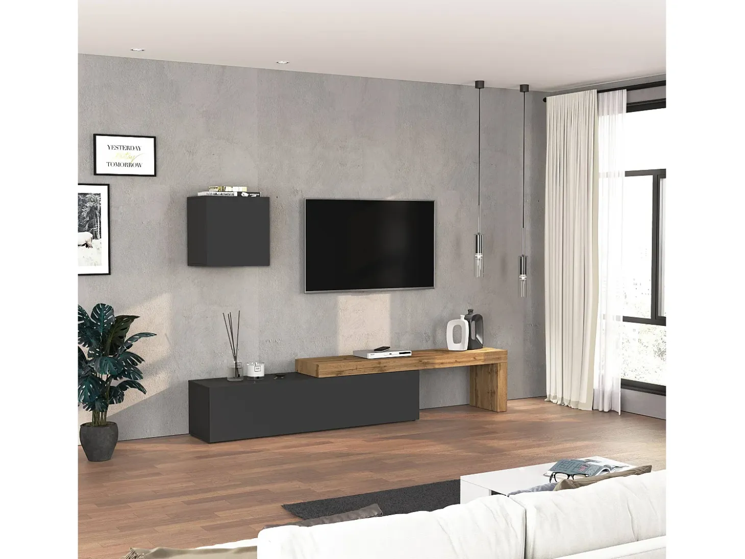 Conjunto de mueble de TV Chronos en antracita mate y roble 190/350x40 cm