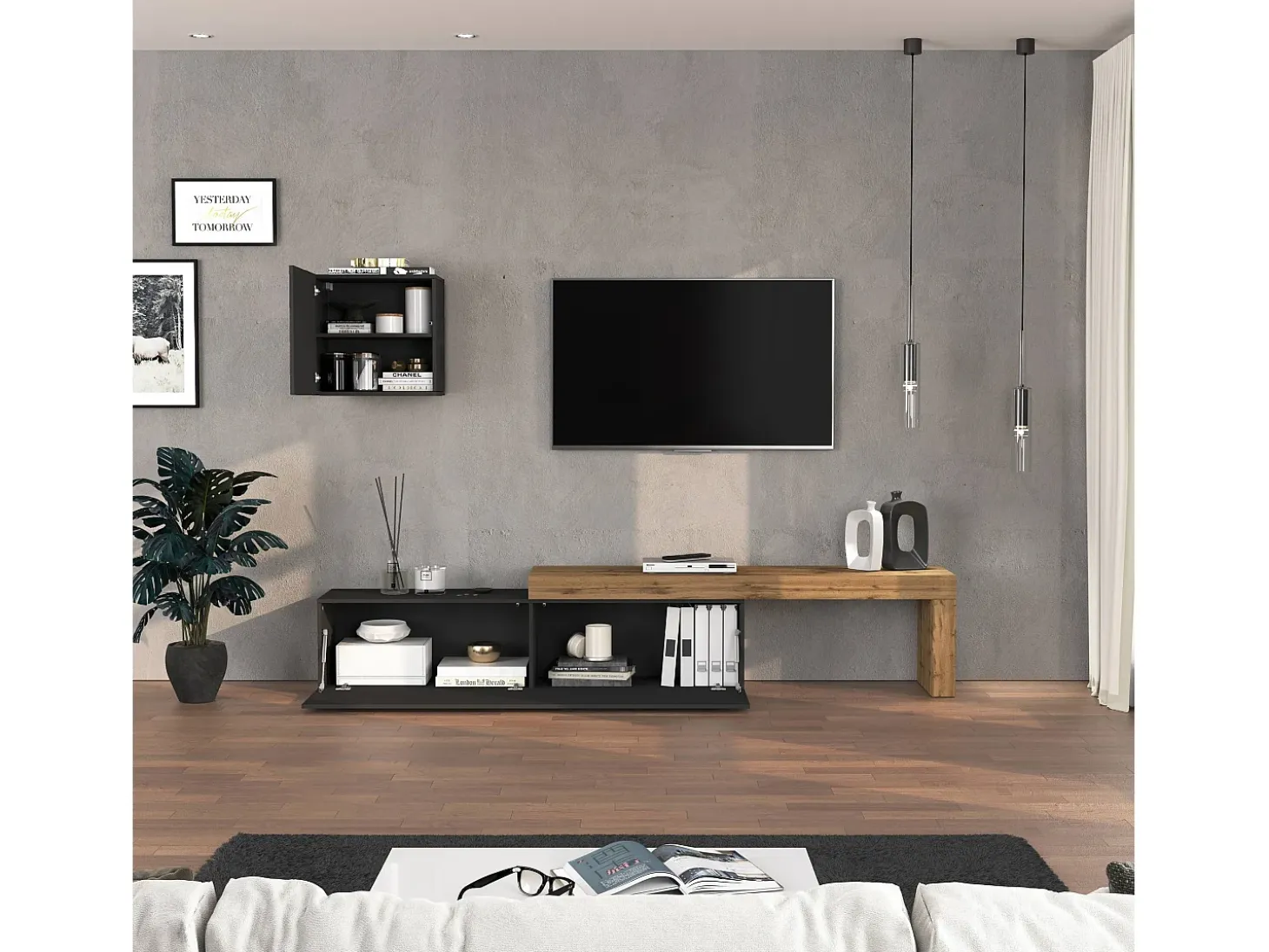 Conjunto de mueble de TV Chronos en antracita mate y roble 190/350x40 cm