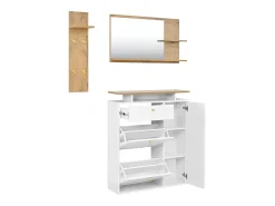Conjunto de muebles de entrada de 3 piezas - Espejo, estante y zapatero - Blanco y madera