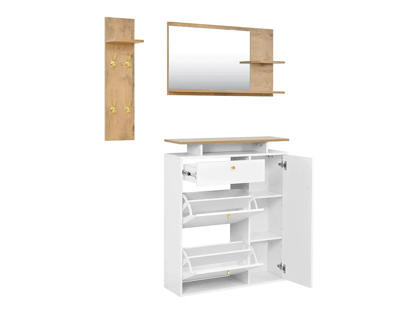 Conjunto de muebles de entrada de 3 piezas - Espejo, estante y zapatero - Blanco y madera
