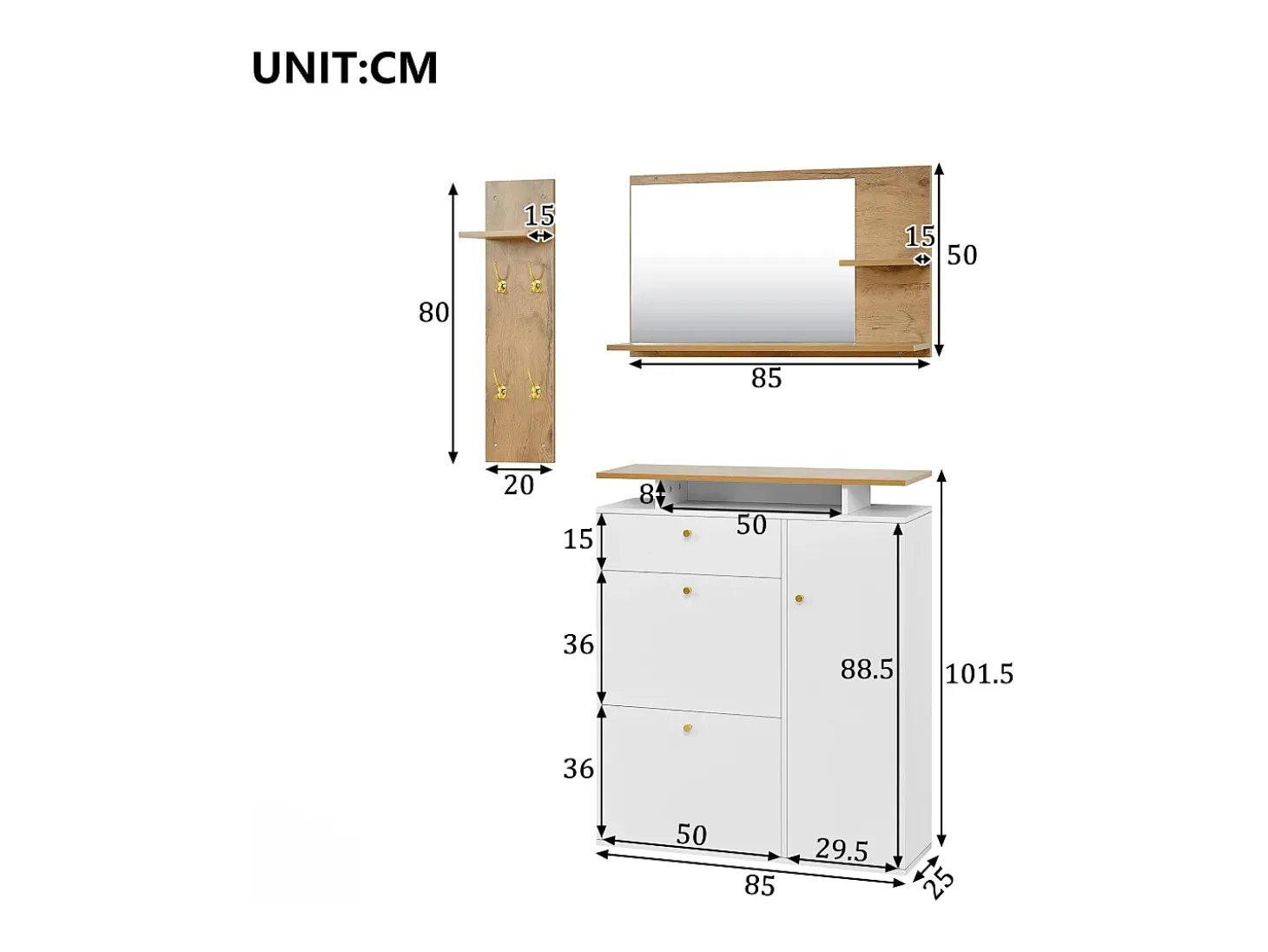 Conjunto de muebles de entrada de 3 piezas - Espejo, estante y zapatero - Blanco y madera