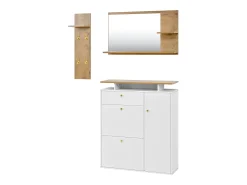 Conjunto de muebles de entrada de 3 piezas - Espejo, estante y zapatero - Blanco y madera