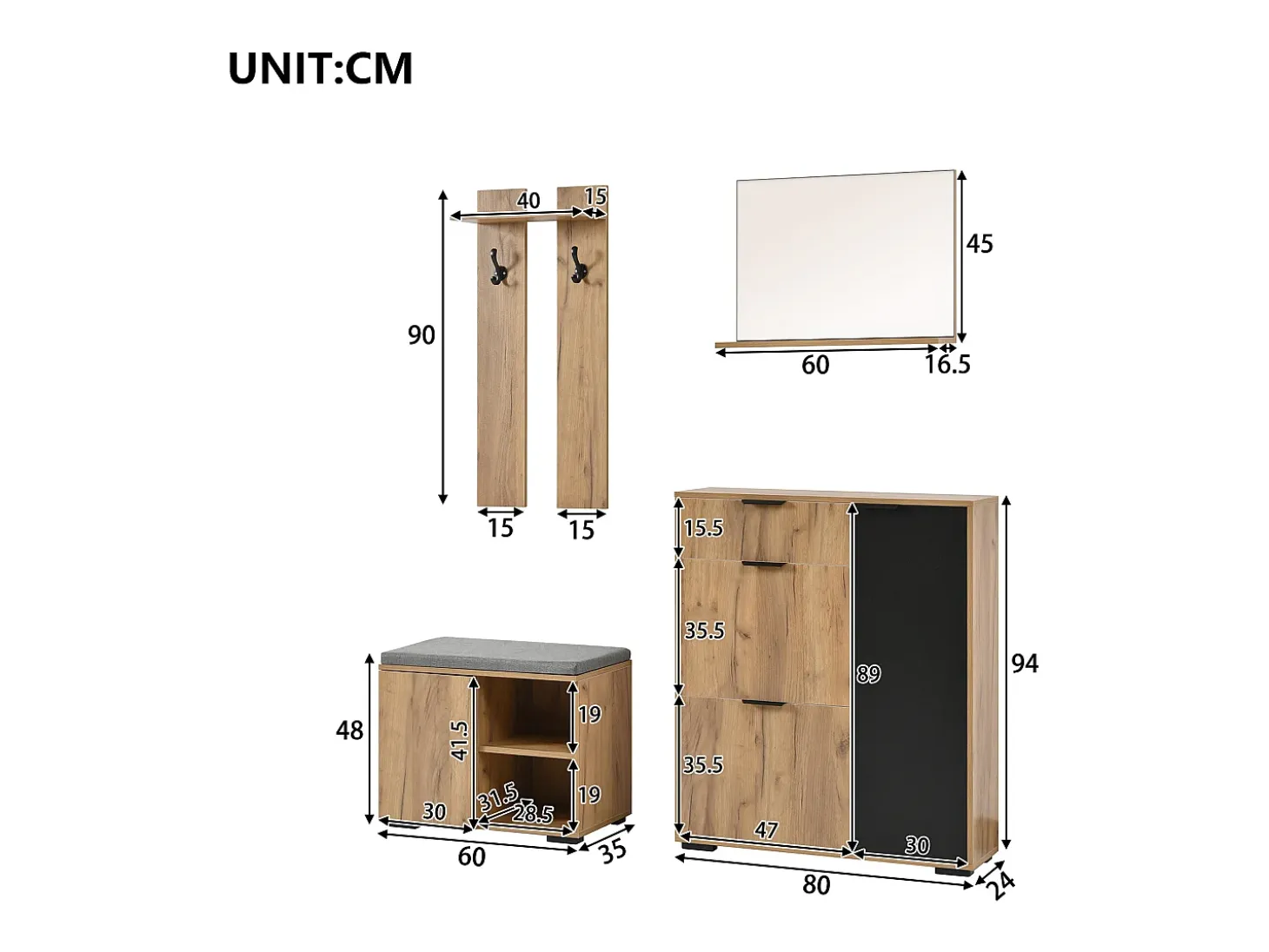 Conjunto de muebles de entrada de 4 piezas - Color madera y negro