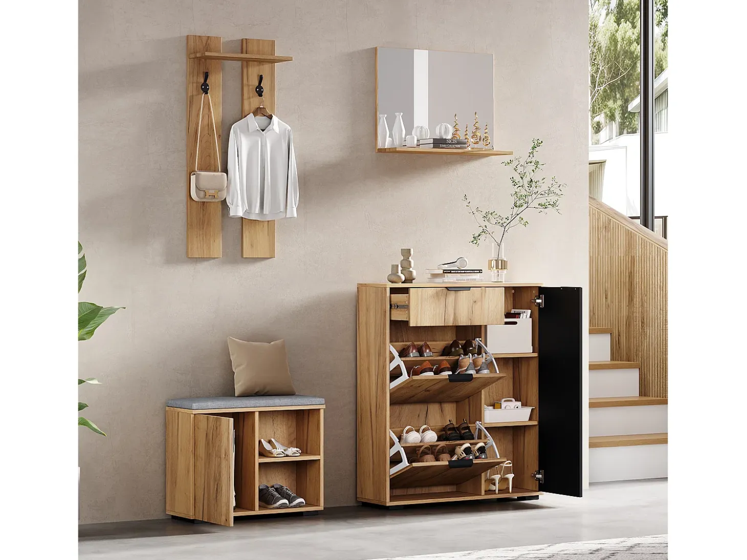 Conjunto de muebles de entrada de 4 piezas - Color madera y negro