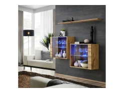 Conjunto de muebles de salón SWITCH SBIII diseño, color roble Wotan y puerta acristalada con sistema LED integrado.