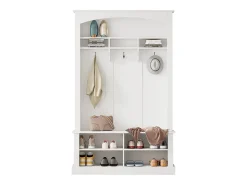 Conjunto de perchero con banco y estante, 3 ganchos para colgar, estantes abiertos, tablero de partículas, blanco, (Alto 190 x Ancho 120 x Fondo 40 cm)