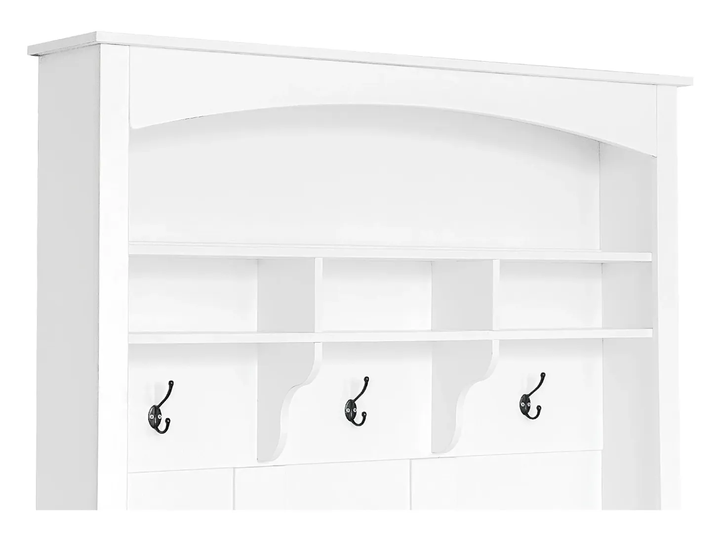 Conjunto de perchero con banco y estante, 3 ganchos para colgar, estantes abiertos, tablero de partículas, blanco, (Alto 190 x Ancho 120 x Fondo 40 cm)