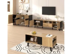 Conjunto de salón de 3 piezas, mesa de centro, mueble de TV y aparador, diseño moderno en madera y negro (100x60x45 cm, 170x40x50,5 cm, 80x120x40 cm)