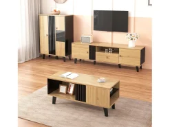 Conjunto de salón de 3 piezas, mesa de centro, mueble de TV y aparador, diseño moderno en madera y negro (100x60x45 cm, 170x40x50,5 cm, 80x120x40 cm)