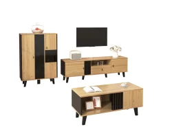 Conjunto de salón de 3 piezas, mesa de centro, mueble de TV y aparador, diseño moderno en madera y negro (100x60x45 cm, 170x40x50,5 cm, 80x120x40 cm)