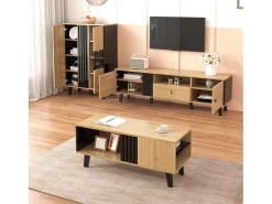 Conjunto de salón de 3 piezas, mesa de centro, mueble de TV y aparador, diseño moderno en madera y negro (100x60x45 cm, 170x40x50,5 cm, 80x120x40 cm)