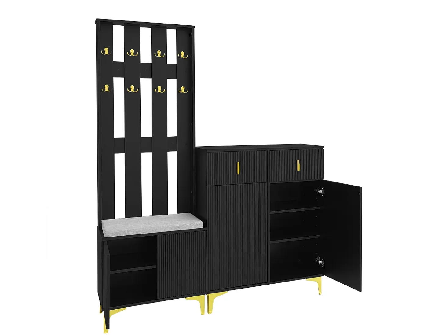 Conjunto de vestidor con banco zapatero y cojín, panel perchero con ganchos, mueble zapatero con cajones y puertas (60,5x180,5x35,2 cm)