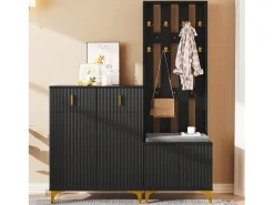 Conjunto de vestidor con banco zapatero y cojín, panel perchero con ganchos, mueble zapatero con cajones y puertas (60,5x180,5x35,2 cm)