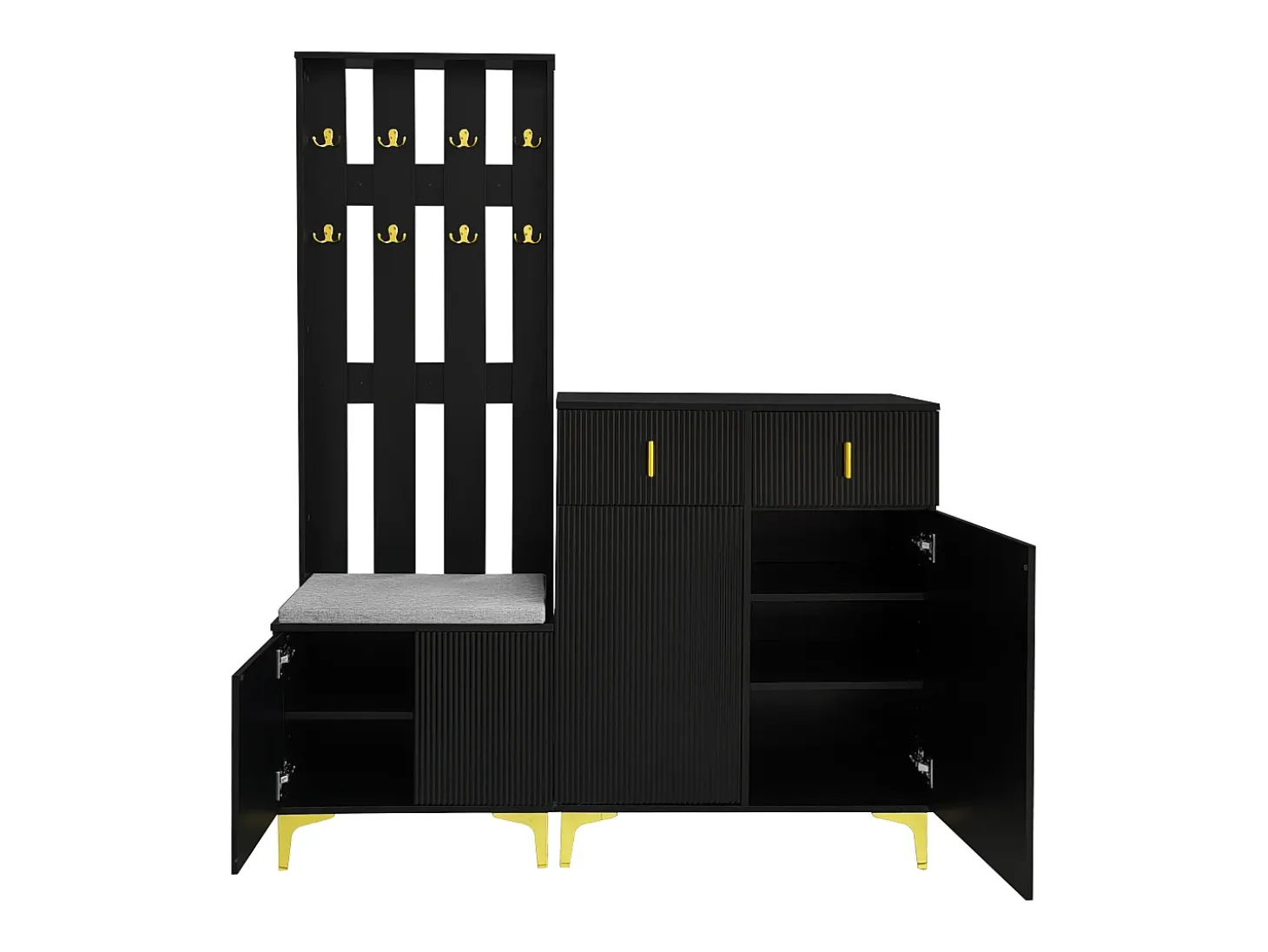 Conjunto de vestidor con banco zapatero y cojín, panel perchero con ganchos, mueble zapatero con cajones y puertas (60,5x180,5x35,2 cm)