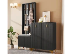 Conjunto de vestidor con banco zapatero y cojín, panel perchero con ganchos, mueble zapatero con cajones y puertas (60,5x180,5x35,2 cm)