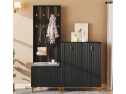 Conjunto de vestidor con banco zapatero y cojín, panel perchero con ganchos, mueble zapatero con cajones y puertas (60,5x180,5x35,2 cm)