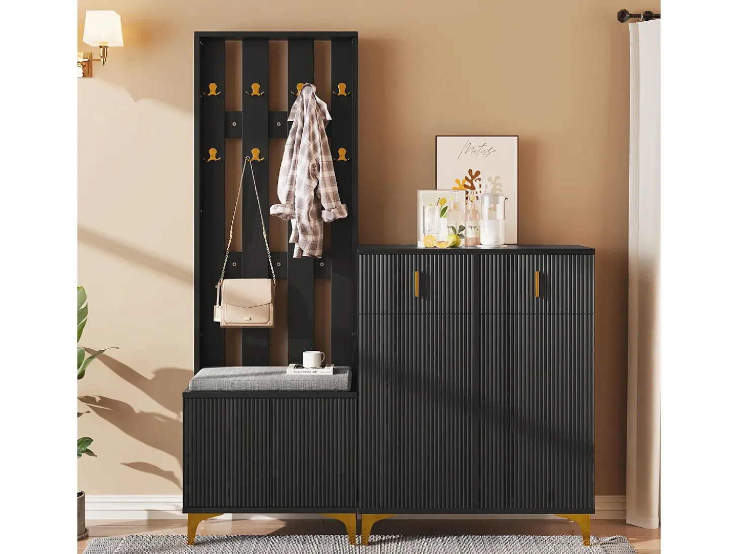 Conjunto de vestidor con banco zapatero y cojín, panel perchero con ganchos, mueble zapatero con cajones y puertas (60,5x180,5x35,2 cm)
