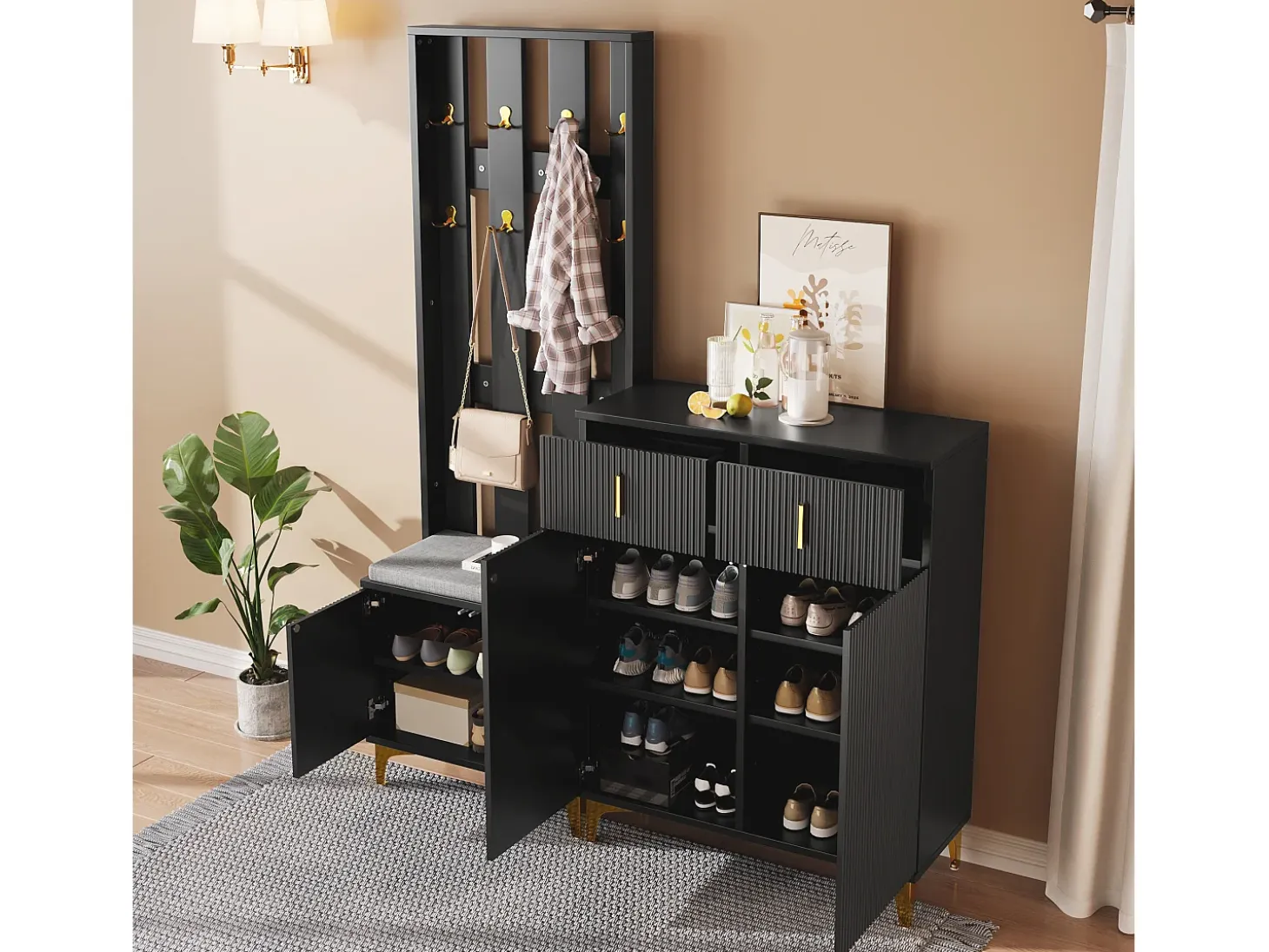 Conjunto de vestidor con banco zapatero y cojín, panel perchero con ganchos, mueble zapatero con cajones y puertas (60,5x180,5x35,2 cm)
