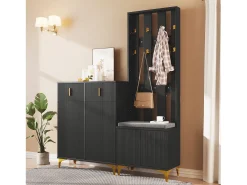 Conjunto de vestidor con banco zapatero y cojín, panel perchero con ganchos, mueble zapatero con cajones y puertas (60,5x180,5x35,2 cm)