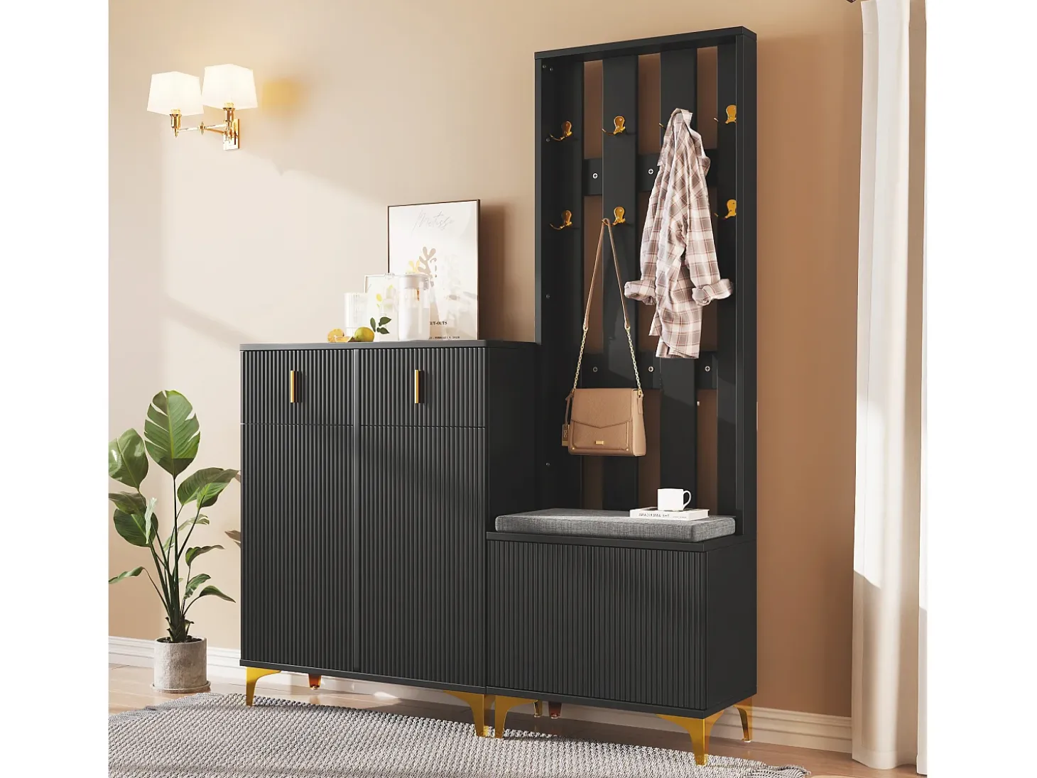 Conjunto de vestidor con banco zapatero y cojín, panel perchero con ganchos, mueble zapatero con cajones y puertas (60,5x180,5x35,2 cm)