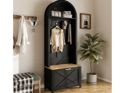 Conjunto de vestidor de entrada 75x35x195 cm - con mueble para zapatos y ganchos - con estantes - Negro