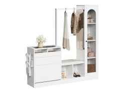 Conjunto de vestidor de entrada 163×35×161 cm - con barra para colgar ropa y espejo - banco para zapatos y mueble para zapatos - con iluminación LED - Blanco