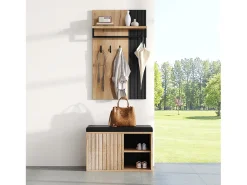Conjunto de vestidor de entrada - 1 perchero y 1 mueble para zapatos - con cojín y 3 ganchos - Natural + Negro