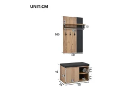Conjunto de vestidor de entrada - 1 perchero y 1 mueble para zapatos - con cojín y 3 ganchos - Natural + Negro