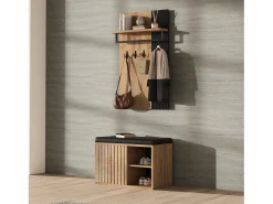 Conjunto de vestidor de entrada - 1 perchero y 1 mueble para zapatos - con cojín y 3 ganchos - Natural + Negro