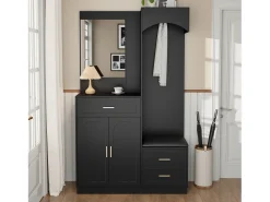 Conjunto de vestidor de entrada 110x33x185,5 cm - 3 puertas y 1 cajón - Mueble para zapatos y banco para calzado - con espejo - Negro