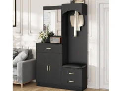 Conjunto de vestidor de entrada 110x33x185,5 cm - 3 puertas y 1 cajón - Mueble para zapatos y banco para calzado - con espejo - Negro